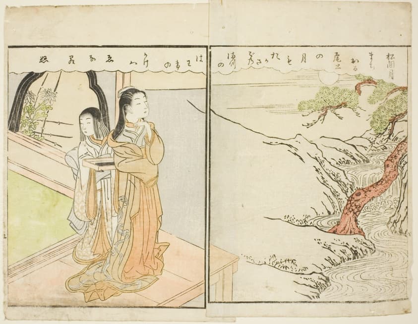 A double-page woodblock book opening: figures in an interior scene composed continuously across the fold of two pages