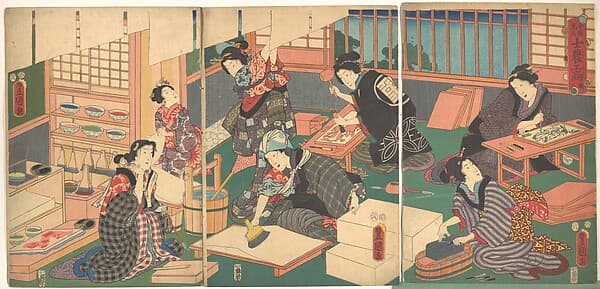 A woodblock triptych of women at every station of a print workshop — carving blocks, rubbing impressions, hanging printed sheets to dry